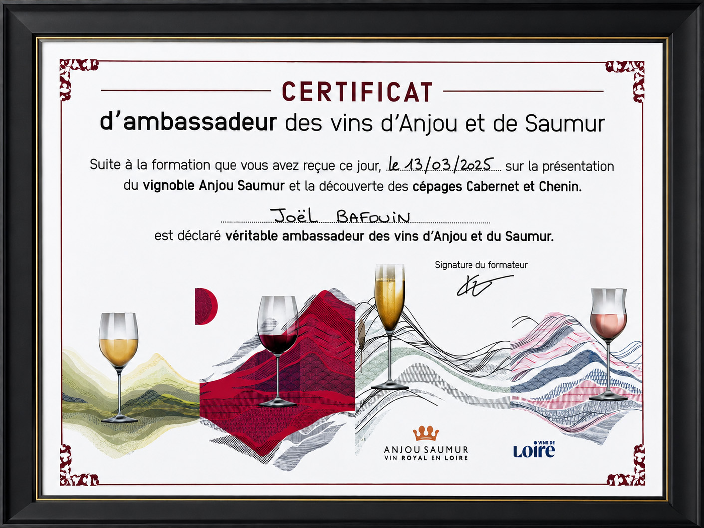 Certificat Ambassadeur des Vins d'Anjou et de Saumur